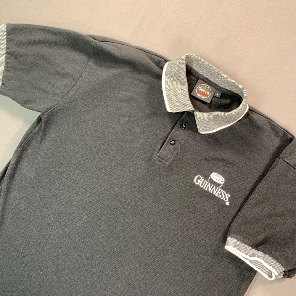 Guinness Polo‎ Shirt Mens Large Black Contrast Collar Official Beer Logo Knit